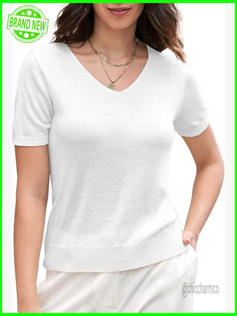 Lightweight V-Neck Short Sleeve Pullover Sweater Casual Summer Top